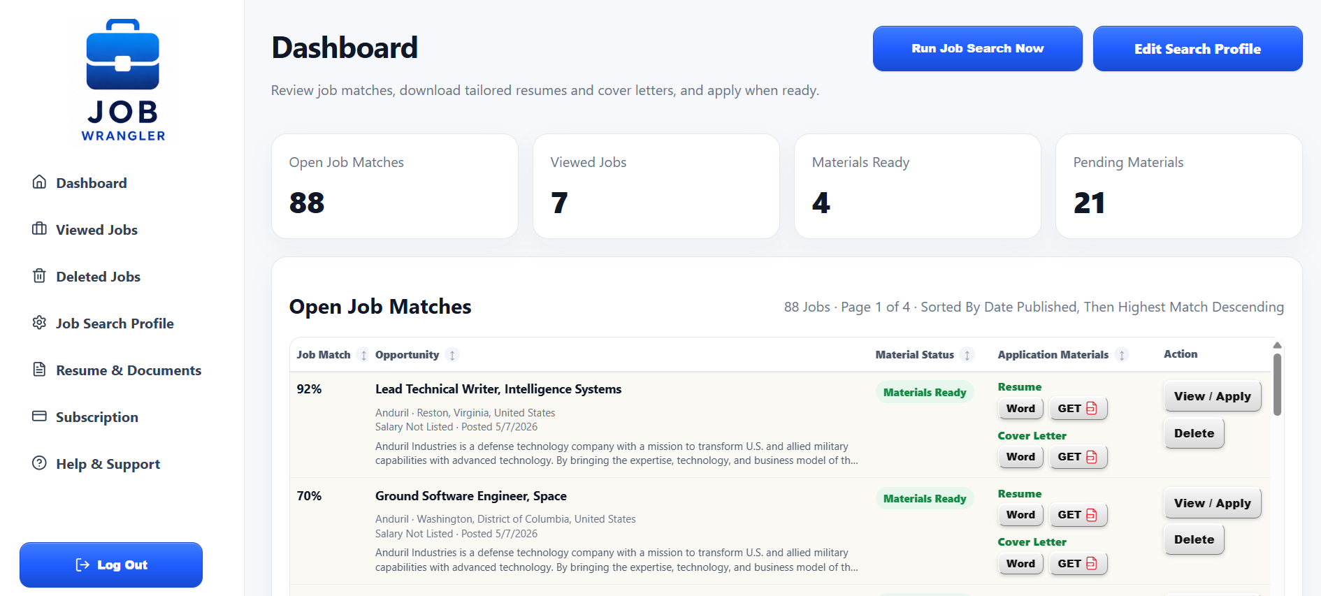 Job Wrangler dashboard showing open job matches and generated application materials